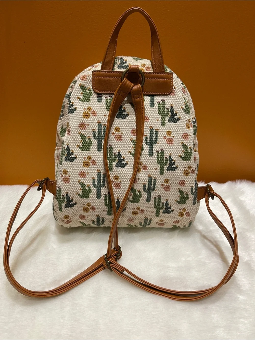 Cactus Print Woven Cotton-blend Mini Backpack - Tan Trim